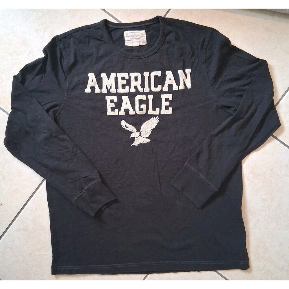 Y2K American Eagle Shirt Mens XL Black Long Slv Embroidered Logo Skater Vtg Fit